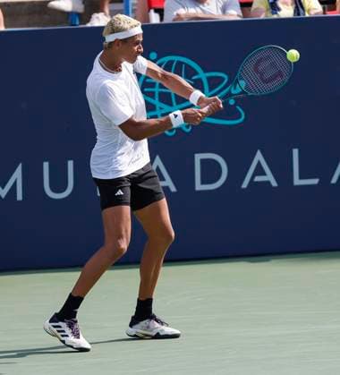 July 24, 2025: Gabriel Diallo hits a shot during his match with Ben Shelton during the 2025 Mubadala Citi DC Open tennis tournament being played at Rock Creek Park Tennis Center in Washington, D.C. CSM District Of Columbia United States of America - ZUMAc04_ 20250724_zma_c04_179 Copyright: xJustinxCooperx