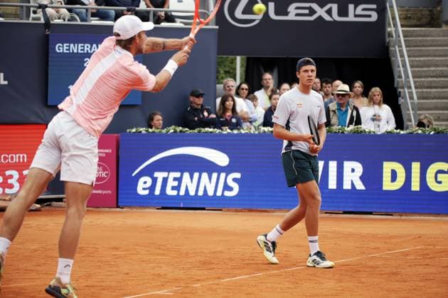 TENNIS - ATP, Tennis Herren Generali Open 2025 KITZBUEHEL,AUSTRIA,25.JUL.25 - TENNIS - ATP World Tour, Generali Open. Image shows Neil Oberleitner (AUT) and Joel Schwaerzler (AUT).  GEPAxpictures xMatthiasxHauer