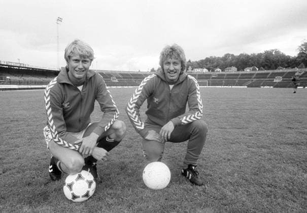 HISTORICAL PICTURES Oslo 19820614 Football, international match, Länderspiel, Nationalmannschaft Norway Denmark Two foreign professionals have been brought home for the international football match against Denmark at Ullevaal Here f v Age Hareide from Manchester City and Roger Albertsen from Winterslag in Belgium Photo Inge Gjellesvik NTB NTB OSLO NORWAY NORWAY EDITORIAL USE ONLY  EDITORIAL USE ONLY. RESTRICTED USE FOR BETTING COMPANIES Ref:0240157283st.jpg