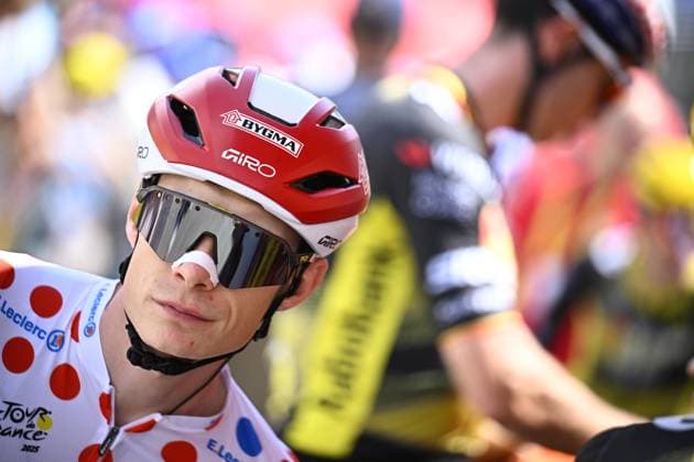 Danish Jonas Vingegaard Hansen of Team Visma-Lease a Bike wearing the red polka-dot jersey for best climber pictured at the start of stage 19 of the 2025 Tour de France cycling race, from Albertville to La Plagne (130km), on Friday 25 July 2025 in France. The 112th edition of the Tour de France starts on Saturday 5 July in Lille, France, and will finish in Paris, France on the 27th of July. JASPERxJACOBS  x129987362x