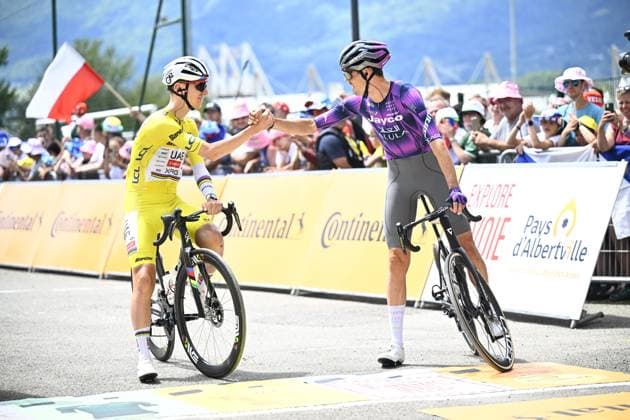 Slovenian Tadej Pogacar of UAE Team Emirates wearing the yellow jersey of leader in the overall ranking and Australian Ben O Connor of Team Jayco AlUla pictured at the start of stage 19 of the 2025 Tour de France cycling race, from Albertville to La Plagne (130km), on Friday 25 July 2025 in France. The 112th edition of the Tour de France starts on Saturday 5 July in Lille, France, and will finish in Paris, France on the 27th of July. JASPERxJACOBS  x129987623x