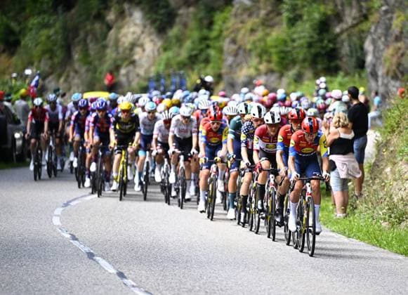Belgian Thibau Nys of Lidl-Trek leads the pack during stage 19 of the 2025 Tour de France cycling race, from Albertville to La Plagne (130km), on Friday 25 July 2025 in France. The 112th edition of the Tour de France starts on Saturday 5 July in Lille, France, and will finish in Paris, France on the 27th of July. JASPERxJACOBS  x129989879x