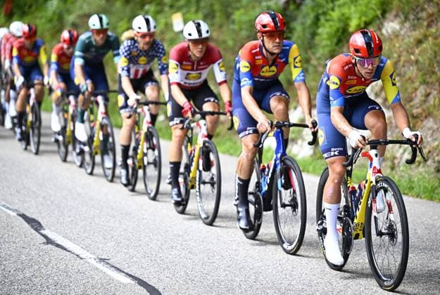 Latvian Toms Skujins of Lidl-Trek, Belgian Jasper Stuyven of Lidl-Trek and Belgian Thibau Nys of Lidl-Trek pictured in action during stage 19 of the 2025 Tour de France cycling race, from Albertville to La Plagne (130km), on Friday 25 July 2025 in France. The 112th edition of the Tour de France starts on Saturday 5 July in Lille, France, and will finish in Paris, France on the 27th of July. JASPERxJACOBS  x129989881x
