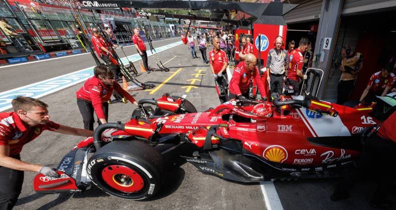 Scuderia Ferrari Monegasque rider Charles Leclerc pictured during a free practice ahead of the Grand Prix F1 of Belgium race, in Spa-Francorchamps, Friday 25 July 2025. The Spa-Francorchamps Formula One Grand Prix takes place this weekend, from July 24th to July 27th. BENOITxDOPPAGNE  x129990164x
