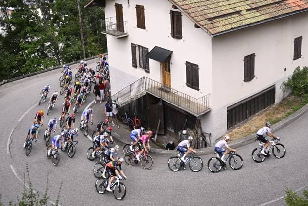 The pack of riders pictured in action during stage 19 of the 2025 Tour de France cycling race, from Albertville to La Plagne (130km), on Friday 25 July 2025 in France. The 112th edition of the Tour de France starts on Saturday 5 July in Lille, France, and will finish in Paris, France on the 27th of July. JASPERxJACOBS  x129990500x