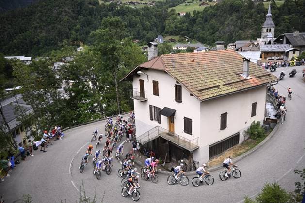 The pack of riders pictured in action during stage 19 of the 2025 Tour de France cycling race, from Albertville to La Plagne (130km), on Friday 25 July 2025 in France. The 112th edition of the Tour de France starts on Saturday 5 July in Lille, France, and will finish in Paris, France on the 27th of July. JASPERxJACOBS  x129990546x