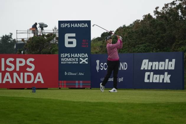 25th July 2025; Dundonald Links, Irvine, Scotland ISPS HANDA Womens Scottish Open Golf Round 2; Chisato Iwai plays her tee shot on the 6th hole at Dundonald Links  AlecxBrown
