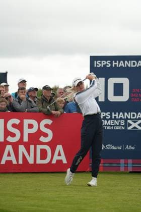 25th July 2025; Dundonald Links, Irvine, Scotland ISPS HANDA Womens Scottish Open Golf Round 2; Charley Hull plays her tee shot on the 10th hole at Dundonald Links  AlecxBrown