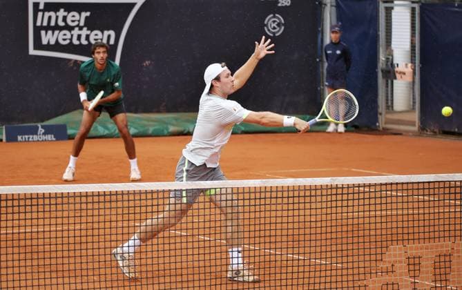 TENNIS - ATP, Tennis Herren Generali Open 2025 KITZBUEHEL,AUSTRIA,25.JUL.25 - TENNIS - ATP World Tour, Generali Open. Image shows Francisco Cabral (POR) and Lucas Miedler (AUT).  GEPAxpictures xMatthiasxHauer
