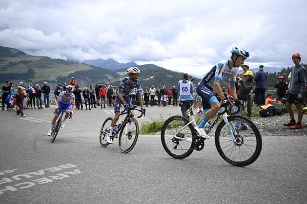 Slovenian Primoz Roglic of RedBull-BORA-hansgrohe, French Valentin Paret-Peintre of Soudal Quick-Step and French Lenny Martinez of Bahrain Victorious pictured in action during stage 19 of the 2025 Tour de France cycling race, from Albertville to La Plagne (130km), on Friday 25 July 2025 in France. The 112th edition of the Tour de France starts on Saturday 5 July in Lille, France, and will finish in Paris, France on the 27th of July. JASPERxJACOBS  x129996073x