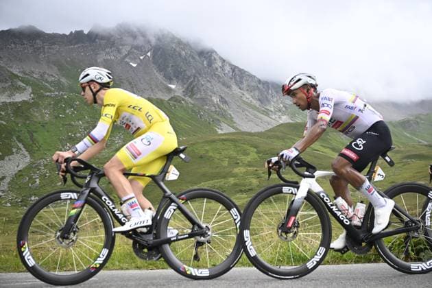 Slovenian Tadej Pogacar of UAE Team Emirates and Ecuadorian Jhonatan Narvaez of UAE Team Emirates pictured in action during stage 19 of the 2025 Tour de France cycling race, from Albertville to La Plagne (130km), on Friday 25 July 2025 in France. The 112th edition of the Tour de France starts on Saturday 5 July in Lille, France, and will finish in Paris, France on the 27th of July. JASPERxJACOBS  x129996526x