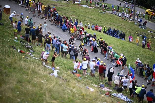 The pack of riders pictured in action during stage 19 of the 2025 Tour de France cycling race, from Albertville to La Plagne (130km), on Friday 25 July 2025 in France. The 112th edition of the Tour de France starts on Saturday 5 July in Lille, France, and will finish in Paris, France on the 27th of July. JASPERxJACOBS  x129996807x