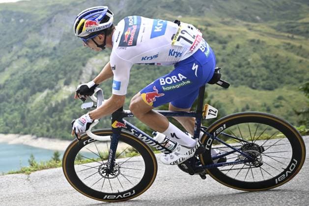 German Florian Lipowitz of RedBull-BORA-hansgrohe pictured in action during stage 19 of the 2025 Tour de France cycling race, from Albertville to La Plagne (130km), on Friday 25 July 2025 in France. The 112th edition of the Tour de France starts on Saturday 5 July in Lille, France, and will finish in Paris, France on the 27th of July. JASPERxJACOBS  x129996850x