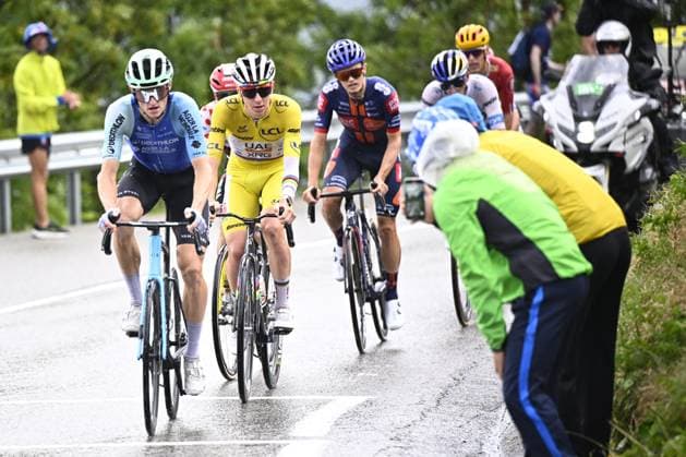 Austrian Felix Gall of Decathlon AG2R La Mondiale Team, Slovenian Tadej Pogacar of UAE Team Emirates and British Oscar Onley of Team Picnic PostNL pictured in action during stage 19 of the 2025 Tour de France cycling race, from Albertville to La Plagne (130km), on Friday 25 July 2025 in France. The 112th edition of the Tour de France starts on Saturday 5 July in Lille, France, and will finish in Paris, France on the 27th of July. JASPERxJACOBS  x129998008x