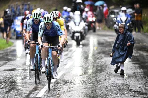 Austrian Felix Gall of Decathlon AG2R La Mondiale Team and Australian Callum Scotson of Decathlon AG2R La Mondiale Team pictured in action during stage 19 of the 2025 Tour de France cycling race, from Albertville to La Plagne (130km), on Friday 25 July 2025 in France. The 112th edition of the Tour de France starts on Saturday 5 July in Lille, France, and will finish in Paris, France on the 27th of July. JASPERxJACOBS  x129998517x