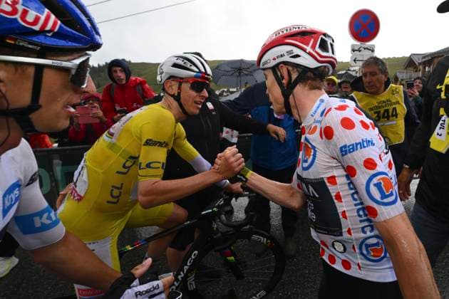 Tour de France 2025 Stage 19 LA PLAGNE, FRANCE - JULY 25 : Lipowitz Florian (GER) of Red Bull - BORA - Hansgrohe, Pogacar Tadej (SLO) of UAE Team Emirates, Vingegaard Jonas (DEN) of Team Visma Lease a Bike after stage 19 of the 112th edition of Tour de France an UCI World Tour 2.UWT cycling road race stage for Men Elite of 130 km with start in Albertville and finish in La Plagne on July 25, 2025 in La Plagne, France, 25 07 2025 ( Motordriver Kenny Verfaillie - La Plagne France  Copyright: xVincentxKalutx