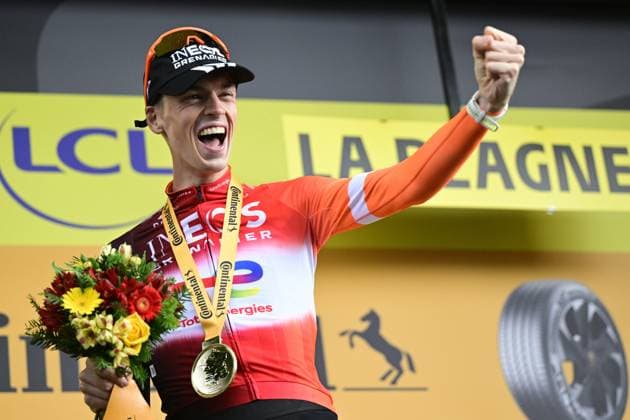 Dutch Thymen Arensman of Ineos Grenadiers and pictured on the podium after winning the stage 19 of the 2025 Tour de France cycling race, from Albertville to La Plagne (130km), on Friday 25 July 2025 in France. The 112th edition of the Tour de France starts on Saturday 5 July in Lille, France, and will finish in Paris, France on the 27th of July. DIRKxWAEM  x130001292x