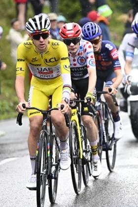 Slovenian Tadej Pogacar of UAE Team Emirates and Danish Jonas Vingegaard Hansen of Team Visma-Lease a Bike pictured in action during stage 19 of the 2025 Tour de France cycling race, from Albertville to La Plagne (130km), on Friday 25 July 2025 in France. The 112th edition of the Tour de France starts on Saturday 5 July in Lille, France, and will finish in Paris, France on the 27th of July. JASPERxJACOBS  x130003717x