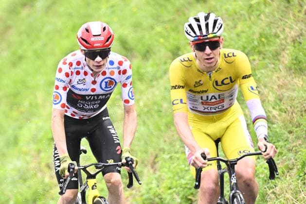 Slovenian Tadej Pogacar of UAE Team Emirates and Danish Jonas Vingegaard Hansen of Team Visma-Lease a Bike pictured in action during stage 19 of the 2025 Tour de France cycling race, from Albertville to La Plagne (130km), on Friday 25 July 2025 in France. The 112th edition of the Tour de France starts on Saturday 5 July in Lille, France, and will finish in Paris, France on the 27th of July. JASPERxJACOBS  x130003719x