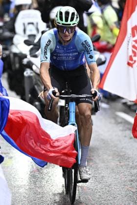 Austrian Felix Gall of Decathlon AG2R La Mondiale Team pictured in action during stage 19 of the 2025 Tour de France cycling race, from Albertville to La Plagne (130km), on Friday 25 July 2025 in France. The 112th edition of the Tour de France starts on Saturday 5 July in Lille, France, and will finish in Paris, France on the 27th of July. JASPERxJACOBS  x130005231x