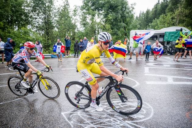 Danish Jonas Vingegaard Hansen of Team Visma-Lease a Bike and Slovenian Tadej Pogacar of UAE Team Emirates pictured in action during stage 19 of the 2025 Tour de France cycling race, from Albertville to La Plagne (130km), on Friday 25 July 2025 in France. The 112th edition of the Tour de France starts on Saturday 5 July in Lille, France, and will finish in Paris, France on the 27th of July. JASPERxJACOBS  x130014070x