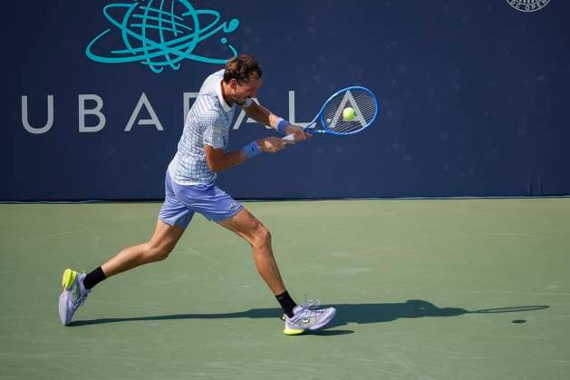 July 25, 2025: Daniil Medvedev hits a shot during his match against Corentin Moutet during the 2025 Mubadala Citi DC Open tennis tournament being played at Rock Creek Park Tennis Center in Washington, D.C. CSM District Of Columbia United States of America - ZUMAc04_ 20250725_zma_c04_124 Copyright: xJustinxCooperx