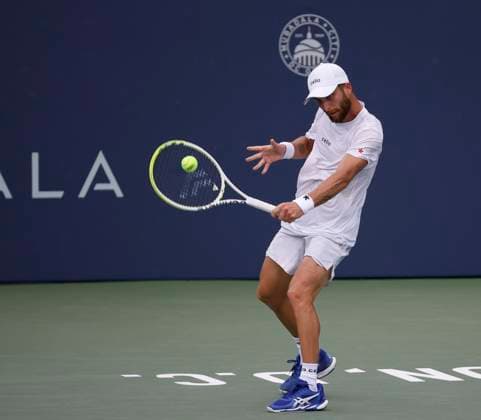 July 25, 2025: Corentin Moutet hits a shot during his match against Daniil Medvedev during the 2025 Mubadala Citi DC Open tennis tournament being played at Rock Creek Park Tennis Center in Washington, D.C. CSM District Of Columbia United States of America - ZUMAc04_ 20250725_zma_c04_127 Copyright: xJustinxCooperx