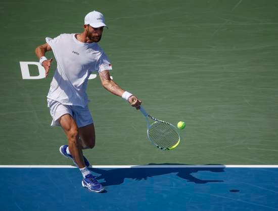 July 25, 2025: Corentin Moutet hits a shot during his match against Daniil Medvedev during the 2025 Mubadala Citi DC Open tennis tournament being played at Rock Creek Park Tennis Center in Washington, D.C. CSM District Of Columbia United States of America - ZUMAc04_ 20250725_zma_c04_136 Copyright: xJustinxCooperx