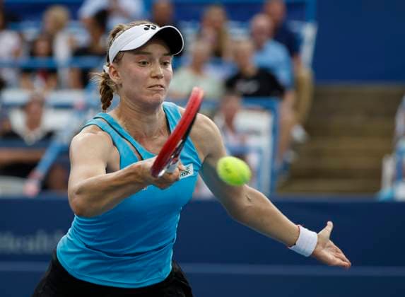 July 25, 2025: Elena Rybakina hits a shot in her match against Magdalena Frech during the 2025 Mubadala Citi DC Open tennis tournament being played at Rock Creek Park Tennis Center in Washington, D.C. CSM District Of Columbia United States of America - ZUMAc04_ 20250725_zma_c04_248 Copyright: xJustinxCooperx