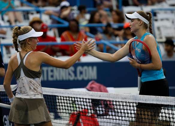 July 25, 2025: Elena Rybakina shakes hands over the net with Magdalena Frech during the 2025 Mubadala Citi DC Open tennis tournament being played at Rock Creek Park Tennis Center in Washington, D.C. CSM District Of Columbia United States of America - ZUMAc04_ 20250725_zma_c04_258 Copyright: xJustinxCooperx