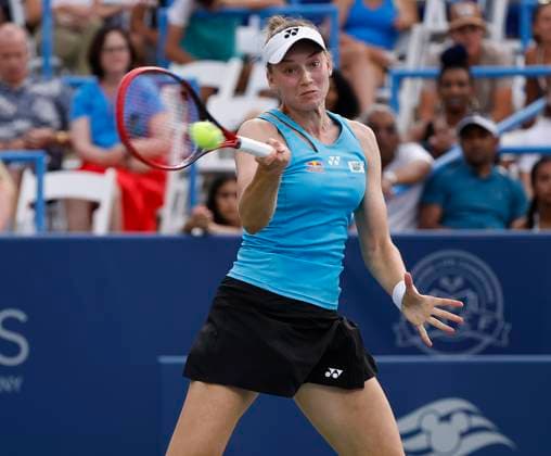 July 25, 2025: Elena Rybakina hits a shot in her match against Magdalena Frech during the 2025 Mubadala Citi DC Open tennis tournament being played at Rock Creek Park Tennis Center in Washington, D.C. CSM District Of Columbia United States of America - ZUMAc04_ 20250725_zma_c04_267 Copyright: xJustinxCooperx