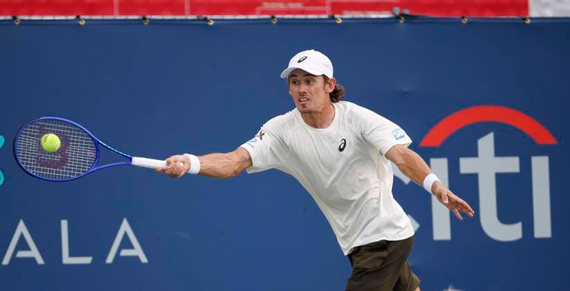July 25, 2025: Alex De Minaur hits a shot in his match against Brandon Nakashima during the 2025 Mubadala Citi DC Open tennis tournament being played at Rock Creek Park Tennis Center in Washington, D.C. CSM District Of Columbia United States of America - ZUMAc04_ 20250725_zma_c04_275 Copyright: xJustinxCooperx