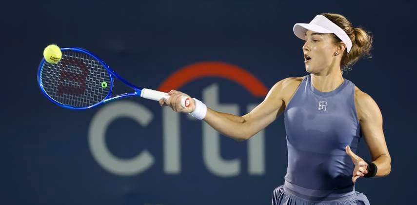 July 25, 2025: Anna Kalinskaya hits a shot during her match against Clara Tauson during the 2025 Mubadala Citi DC Open tennis tournament being played at Rock Creek Park Tennis Center in Washington, D.C. CSM District Of Columbia United States of America - ZUMAc04_ 20250725_zma_c04_286 Copyright: xJustinxCooperx