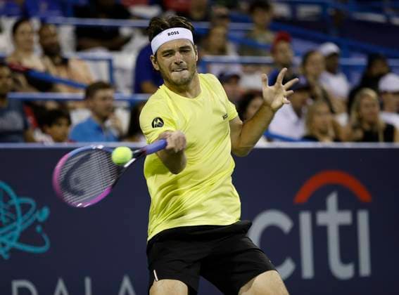 July 25, 2025: Taylor Fritz plays a shot in his match against Alejandro Davidovich Fokina during the 2025 Mubadala Citi DC Open tennis tournament being played at Rock Creek Park Tennis Center in Washington, D.C. CSM District Of Columbia United States of America - ZUMAc04_ 20250725_zma_c04_303 Copyright: xJustinxCooperx