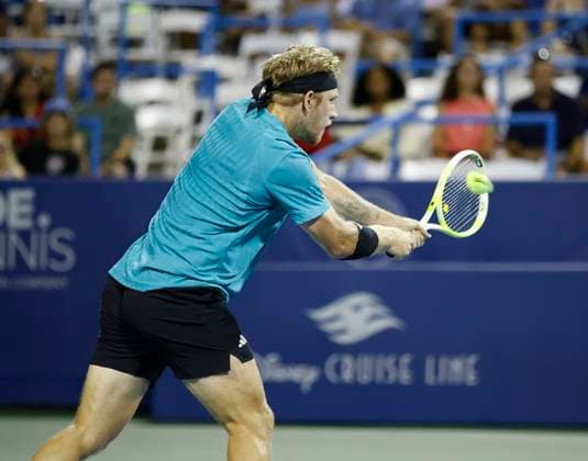 July 25, 2025: Alejandro Davidovich Fokina hits a shot in his match against Taylor Fritz during the 2025 Mubadala Citi DC Open tennis tournament being played at Rock Creek Park Tennis Center in Washington, D.C. CSM District Of Columbia United States of America - ZUMAc04_ 20250725_zma_c04_308 Copyright: xJustinxCooperx
