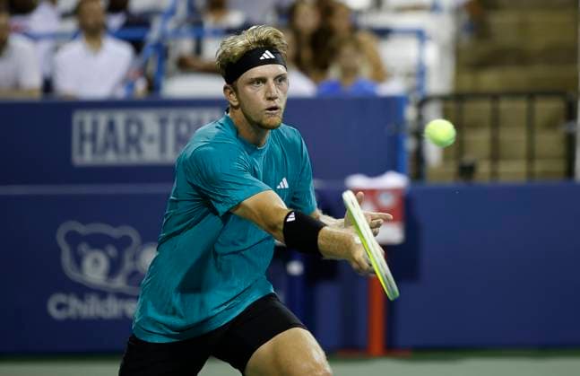 July 25, 2025: Alejandro Davidovich Fokina hits a shot in his match against Taylor Fritz during the 2025 Mubadala Citi DC Open tennis tournament being played at Rock Creek Park Tennis Center in Washington, D.C. CSM District Of Columbia United States of America - ZUMAc04_ 20250725_zma_c04_316 Copyright: xJustinxCooperx