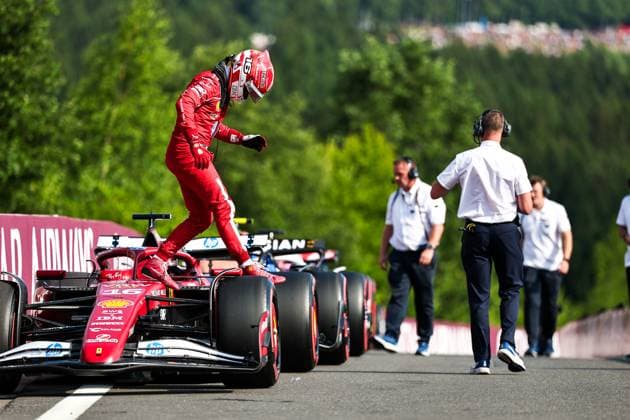 (250726) -- STAVELOT, July 26, 2025 -- Ferrari s Monegasque driver Charles Leclerc (L) jumps out of the car after the Sprint Qualifying of the Formula One Belgian Grand Prix at the Spa-Francorchamps circuit in Stavelot, on July 25, 2025. (Photo by Xinhua) (SP)BELGIUM-SPA-FRANCORCHAMPS-F1-BELGIAN GRAND PRIX-SPRINT-QUALIFYING QianxJun 