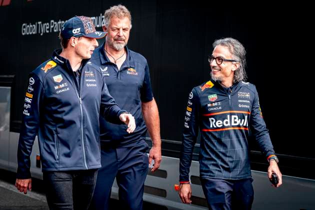 Formule 1 driver MAX Verstappen of Red Bull Racing and Laurent Mekies teamboss of Red Bull Racing during the sprintrace and qualification Grand Prix Formula 1 Spa Francorchamps 2025 at the Circuit Spa Francorchamps for the Formula 1 Moët Chandon Belgium Grand Prix 2025 season 2025 2026 in SPA, Belgium on 26 july 2025, photo by Marcel van Dorst EYE4images DeFodi Images