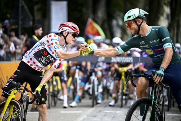 Danish Jonas Vingegaard Hansen of Team Visma-Lease a Bike and Italian Jonathan Milan of Lidl-Trek pictured ahead of the stage 20 of the 2025 Tour de France cycling race, from Nantua to Montpellier (185km), on Saturday 26 July 2025 in France. The 112th edition of the Tour de France starts on Saturday 5 July in Lille, France, and will finish in Paris, France on the 27th of July. JASPERxJACOBS  x130042223x