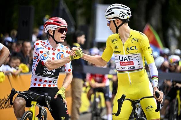 Danish Jonas Vingegaard Hansen of Team Visma-Lease a Bike and Slovenian Tadej Pogacar of UAE Team Emirates pictured ahead of the stage 20 of the 2025 Tour de France cycling race, from Nantua to Montpellier (185km), on Saturday 26 July 2025 in France. The 112th edition of the Tour de France starts on Saturday 5 July in Lille, France, and will finish in Paris, France on the 27th of July. JASPERxJACOBS  x130042224x