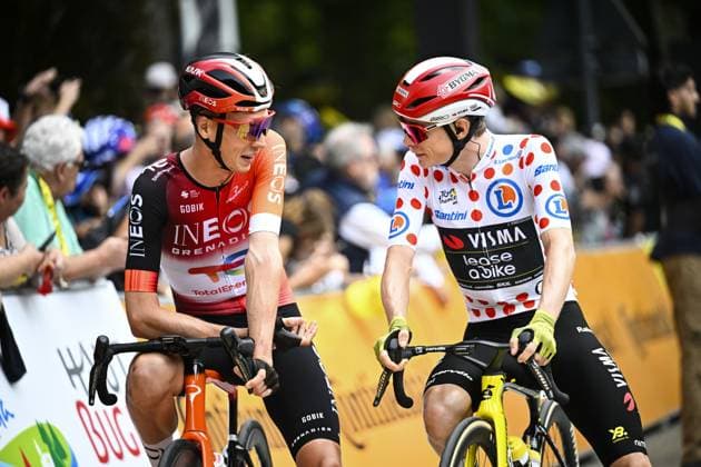 Dutch Thymen Arensman of Ineos Grenadiers and Danish Jonas Vingegaard Hansen of Team Visma-Lease a Bike pictured ahead of the stage 20 of the 2025 Tour de France cycling race, from Nantua to Montpellier (185km), on Saturday 26 July 2025 in France. The 112th edition of the Tour de France starts on Saturday 5 July in Lille, France, and will finish in Paris, France on the 27th of July. JASPERxJACOBS  x130043637x