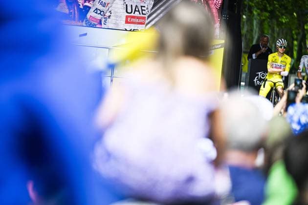 Slovenian Tadej Pogacar of UAE Team Emirates pictured ahead of the stage 20 of the 2025 Tour de France cycling race, from Nantua to Montpellier (185km), on Saturday 26 July 2025 in France. The 112th edition of the Tour de France starts on Saturday 5 July in Lille, France, and will finish in Paris, France on the 27th of July. JASPERxJACOBS  x130043684x