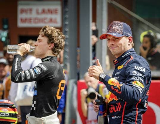 SPA - Oscar Piastri (McLaren) and Max Verstappen (Red Bull Racing) after the sprint race at the Spa-Francorchamps circuit ahead of the Belgian Grand Prix. ANP SEM VAN DER WAL xVIxANPxSportx xxANPxIVx 532245693 originalFilename: 532245693.jpg