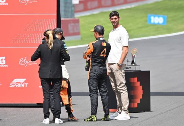 26 07 2025, xrarjax, Motorsport FIA Formula 1, Belgian Grand Prix v l Lando Norris McLaren starting number 04, Thibaut Courtois Real Madrid Spa