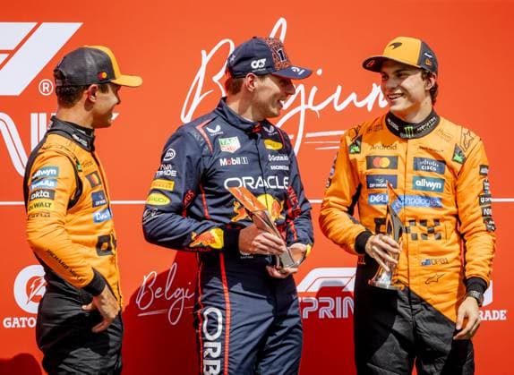 SPA - Lando Norris (McLaren), Max Verstappen (Red Bull Racing) and Oscar Piastri (McLaren) after the sprint race at the Spa-Francorchamps circuit ahead of the Belgian Grand Prix. ANP SEM VAN DER WAL xVIxANPxSportx xxANPxIVx 532246091 originalFilename: 532246091.jpg