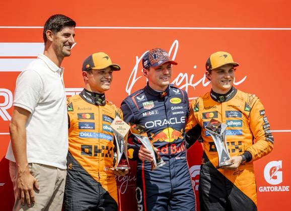SPA - Lando Norris (McLaren), Max Verstappen (Red Bull Racing) and Oscar Piastri (McLaren) after the sprint race at the Spa-Francorchamps circuit ahead of the Belgian Grand Prix. ANP SEM VAN DER WAL xVIxANPxSportx xxANPxIVx 532246092 originalFilename: 532246092.jpg