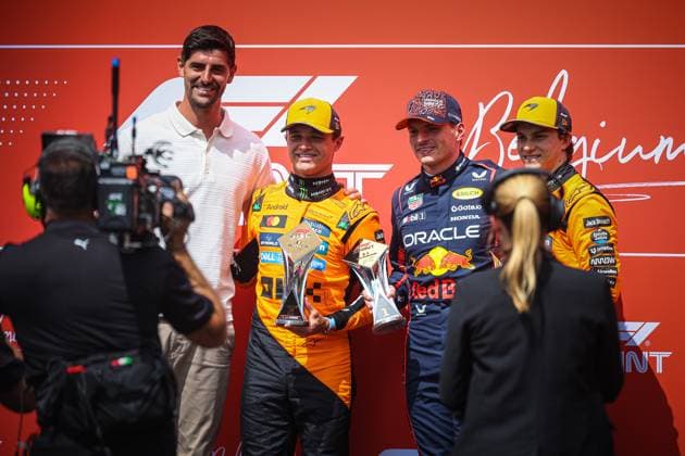 Photo celebration of the spint race: Max Verstappen wins ahead Oscar Piastri and Lando Norris during the Belgian GP, Spa-Francorchamps 24-27 July 2025 Formula 1 World Championship, WM, Weltmeisterschaft 2025.  Copyright: xFedericoxBasile IPAxSportx xipa-agency.netx xx IPA_61023005 IPA_Agency_IPA61023005