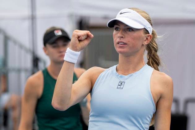 Czech tennis players Laura Samson (right) and Lucie Havlickova (backward) play against Nadiia Kichenok of Ukraine and Makoto Ninomiya of Japan at the WTA, Tennis Damen Livesport Prague Open 2025 women s doubles final on the courts of TK Sparta Prague, in Prague, Czech Republic, on July 26, 2025. (CTKxPhoto OndrejxDeml) CTKPhotoP2025072602780  CTKPhotoP2025072602780