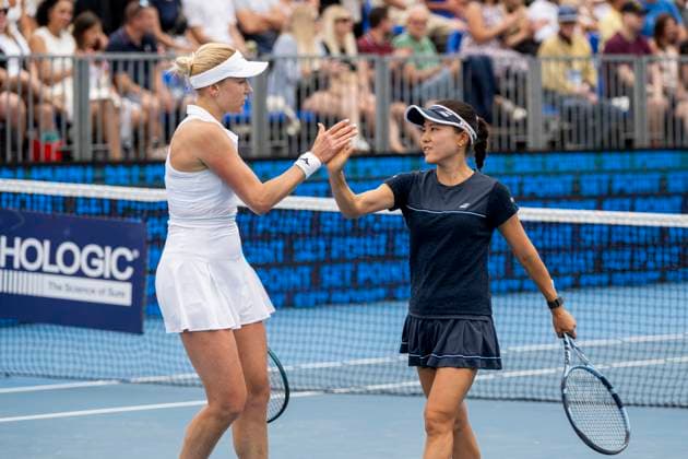 Nadiia Kichenok of Ukraine (left) and Makoto Ninomiya of Japan won the match against Czech tennis players Laura Samson and Lucie Havlickova at the WTA, Tennis Damen Livesport Prague Open 2025 women s doubles final on the courts of TK Sparta Prague, in Prague, Czech Republic, on July 26, 2025. (CTKxPhoto OndrejxDeml) CTKPhotoP2025072603027  CTKPhotoP2025072603027