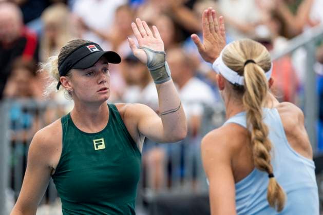 Czech tennis players Laura Samson (right) and Lucie Havlickova play against Nadiia Kichenok of Ukraine and Makoto Ninomiya of Japan at the WTA, Tennis Damen Livesport Prague Open 2025 women s doubles final on the courts of TK Sparta Prague, in Prague, Czech Republic, on July 26, 2025. (CTKxPhoto OndrejxDeml) CTKPhotoP2025072603088  CTKPhotoP2025072603088